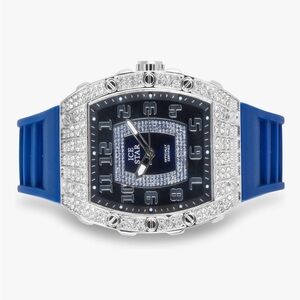 Bust Down Iced Out Hip Hop Watch Blue Silicone Strap VVS Diamond Shine Bling
